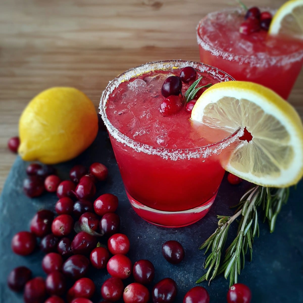 Cranberry Lemon Drop cocktail in a sugar-rimmed glass with ice, garnished with fresh cranberries, a lemon slice, and a rosemary sprig on a dark slate board.