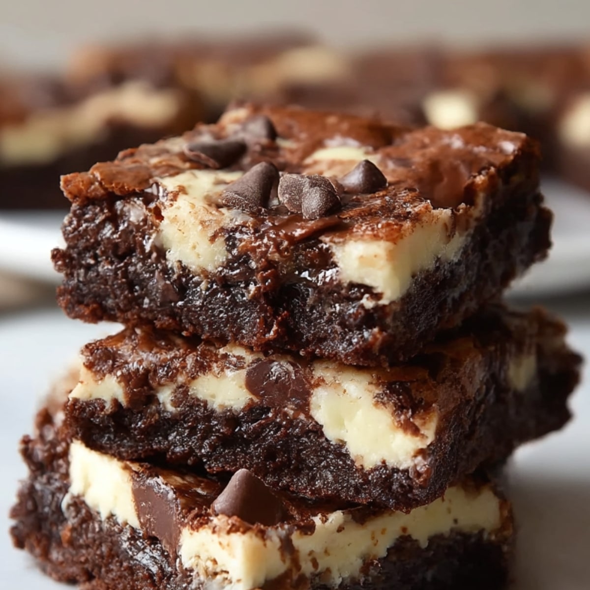 Rich, fudgy cream cheese brownies stacked on a plate, featuring a marbled swirl of chocolate and cheesecake layers with melted chocolate chips on top.