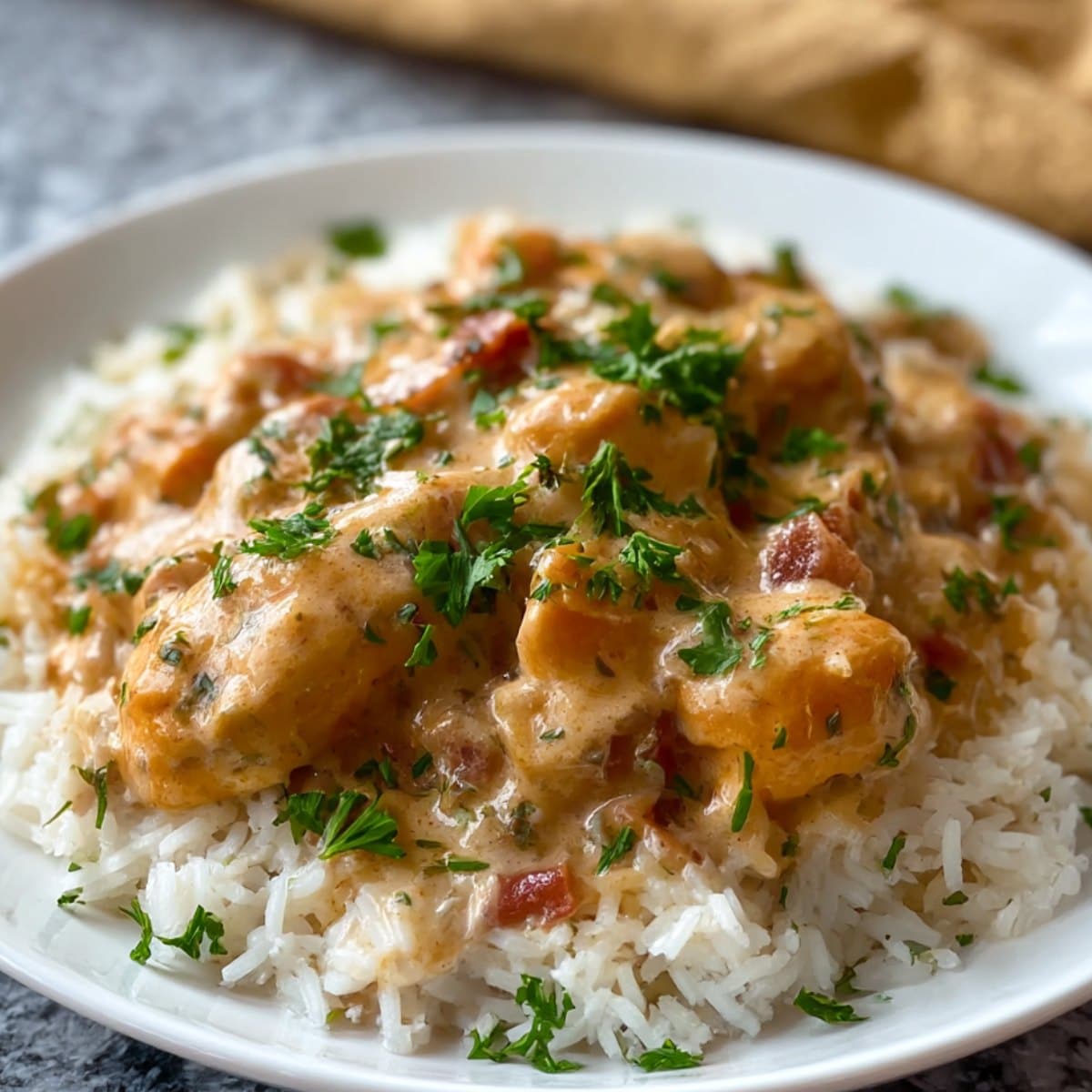 Creamed chicken over rice with tender chicken pieces smothered in a rich, creamy sauce and served on fluffy white rice.