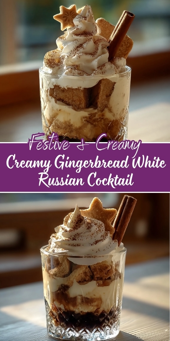 Festive creamy gingerbread White Russian cocktail layered with coffee liqueur and cream, topped with whipped cream, cinnamon stick, and star-shaped gingerbread cookiesFestive creamy gingerbread White Russian cocktail layered with coffee liqueur and cream, topped with whipped cream, cinnamon stick, and star-shaped gingerbread cookies