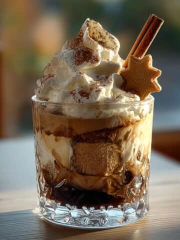 Creamy gingerbread White Russian cocktail layered with coffee liqueur, milk, whipped cream, cinnamon stick, and spiced cookie garnish
