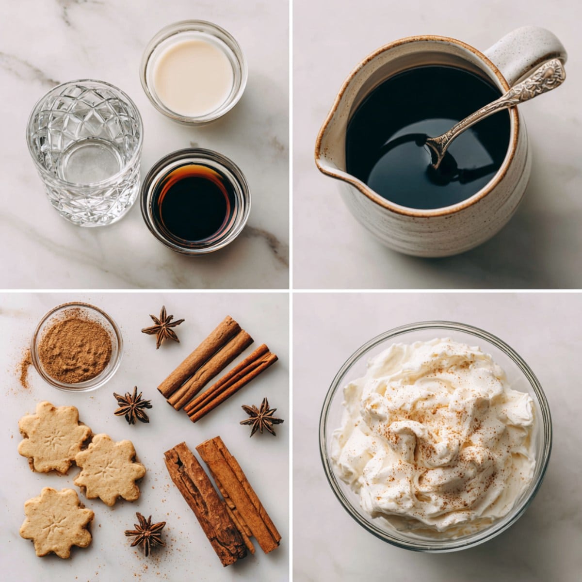 Ingredients for creamy gingerbread white russian cocktail arranged in glasses and bowls in a 4-panel flat lay on a white marble kitchen counter.