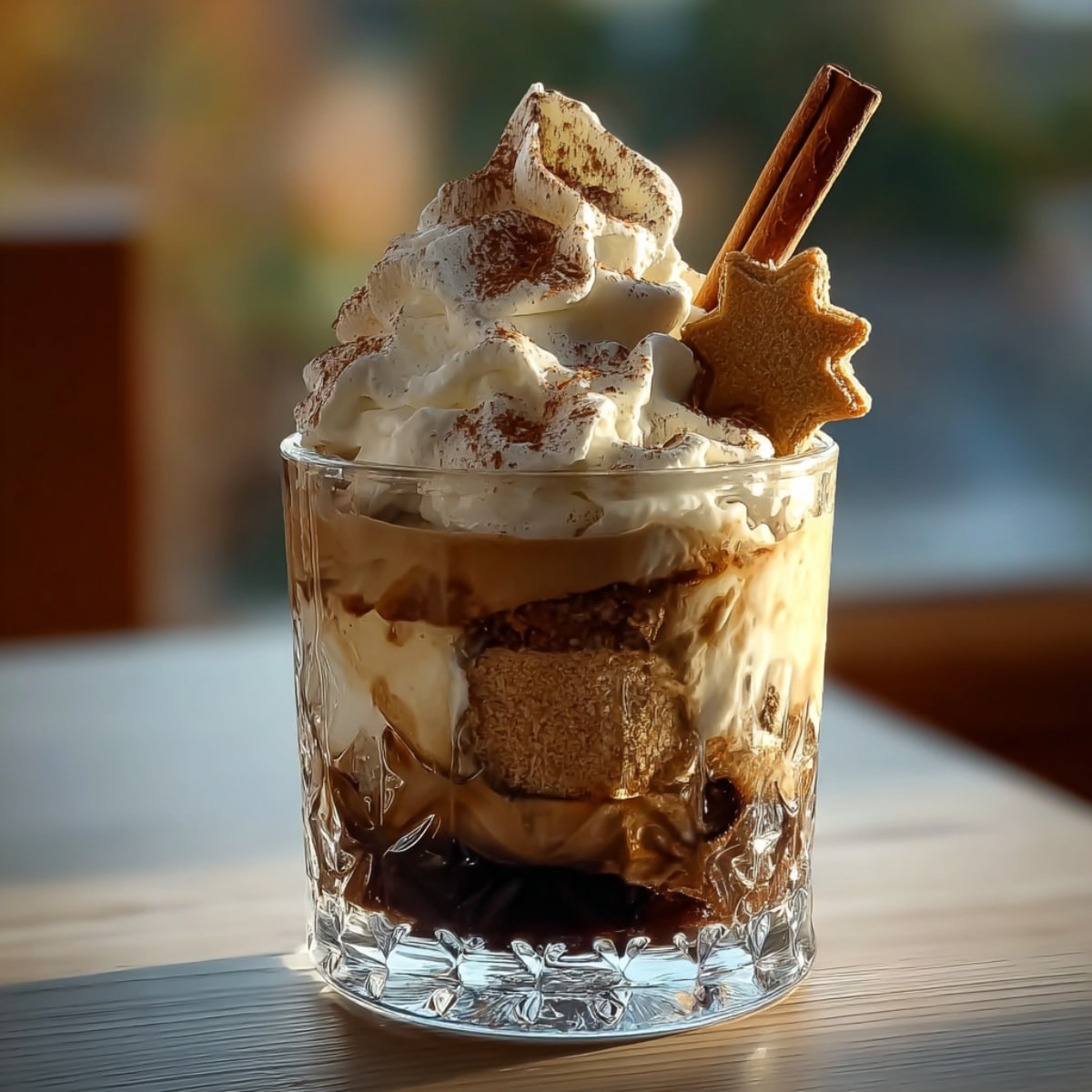 Creamy gingerbread White Russian cocktail layered with coffee liqueur, milk, whipped cream, cinnamon stick, and spiced cookie garnish
