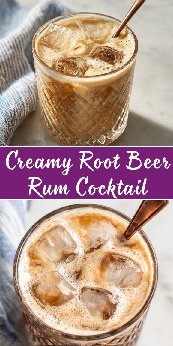 Creamy root beer rum cocktail over ice in a faceted glass with foamy cream on top and a copper spoon, shown in a two-photo Pinterest pin with the text “Creamy Root Beer Rum Cocktail.”