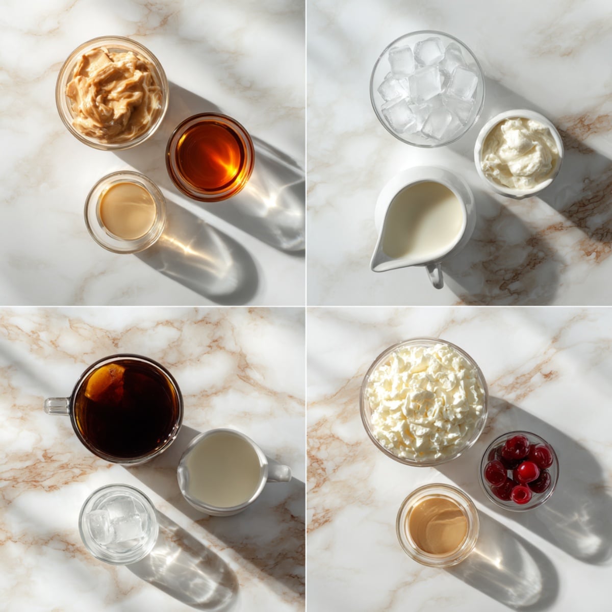 Creamy Root Beer Rum Cocktail ingredients on white marble: root beer, spiced rum, cream, vanilla, ice, whipped cream, and cherries.