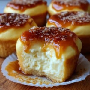 Close-up of a creme brulee cheesecake cupcakes with a caramelized sugar top and creamy center.