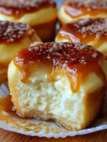 Close-up of a creme brulee cheesecake cupcakes with a caramelized sugar top and creamy center.