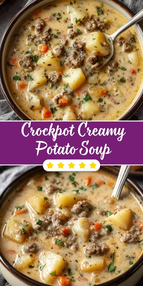 Crockpot creamy potato soup with ground beef, tender potatoes, and rich broth