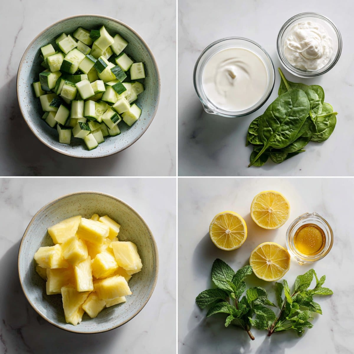 Ingredients for cucumber smoothie arranged in a 4-panel flat lay on a white marble kitchen counter.