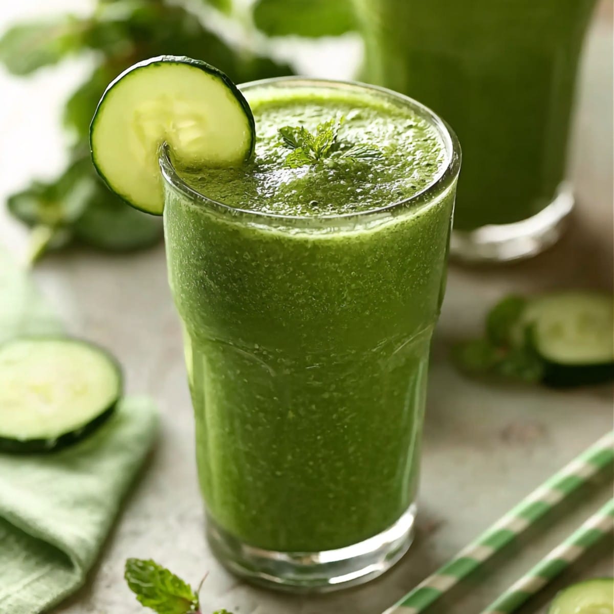 Fresh cucumber smoothie made with blended cucumber and mint in a clear glass