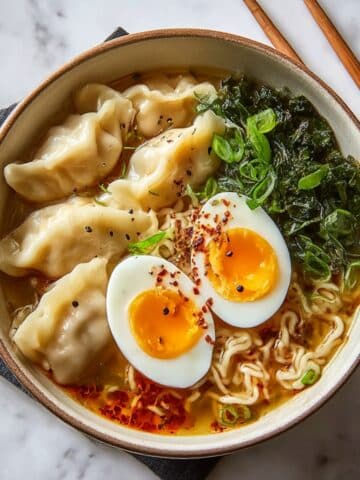 Dumpling ramen bowl with noodles in savory broth, frozen dumplings, jammy soft-boiled egg halves, wilted greens, sliced green onions, and chili flakes on a white marble counter.