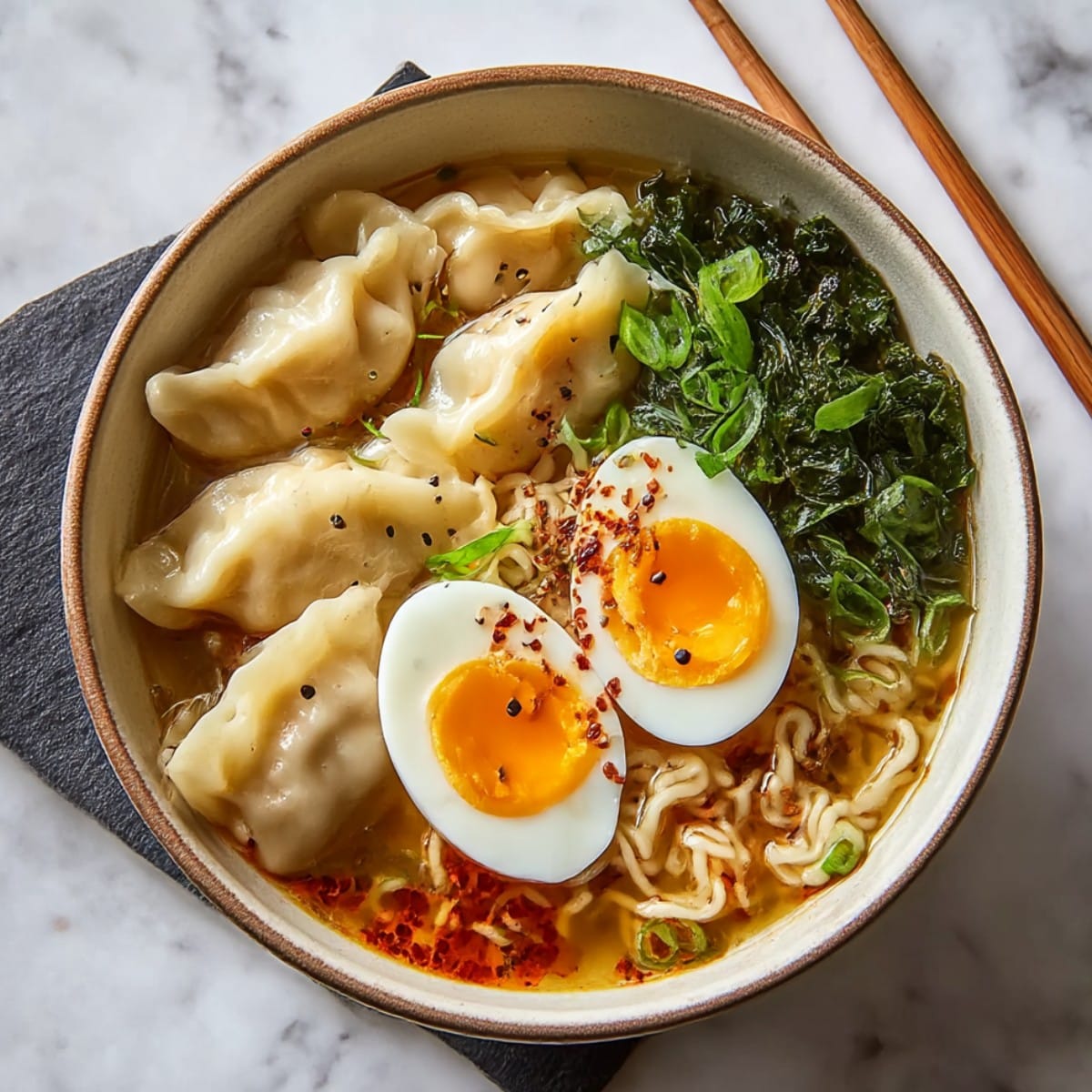 Dumpling ramen bowl with noodles in savory broth, frozen dumplings, jammy soft-boiled egg halves, wilted greens, sliced green onions, and chili flakes on a white marble counter.