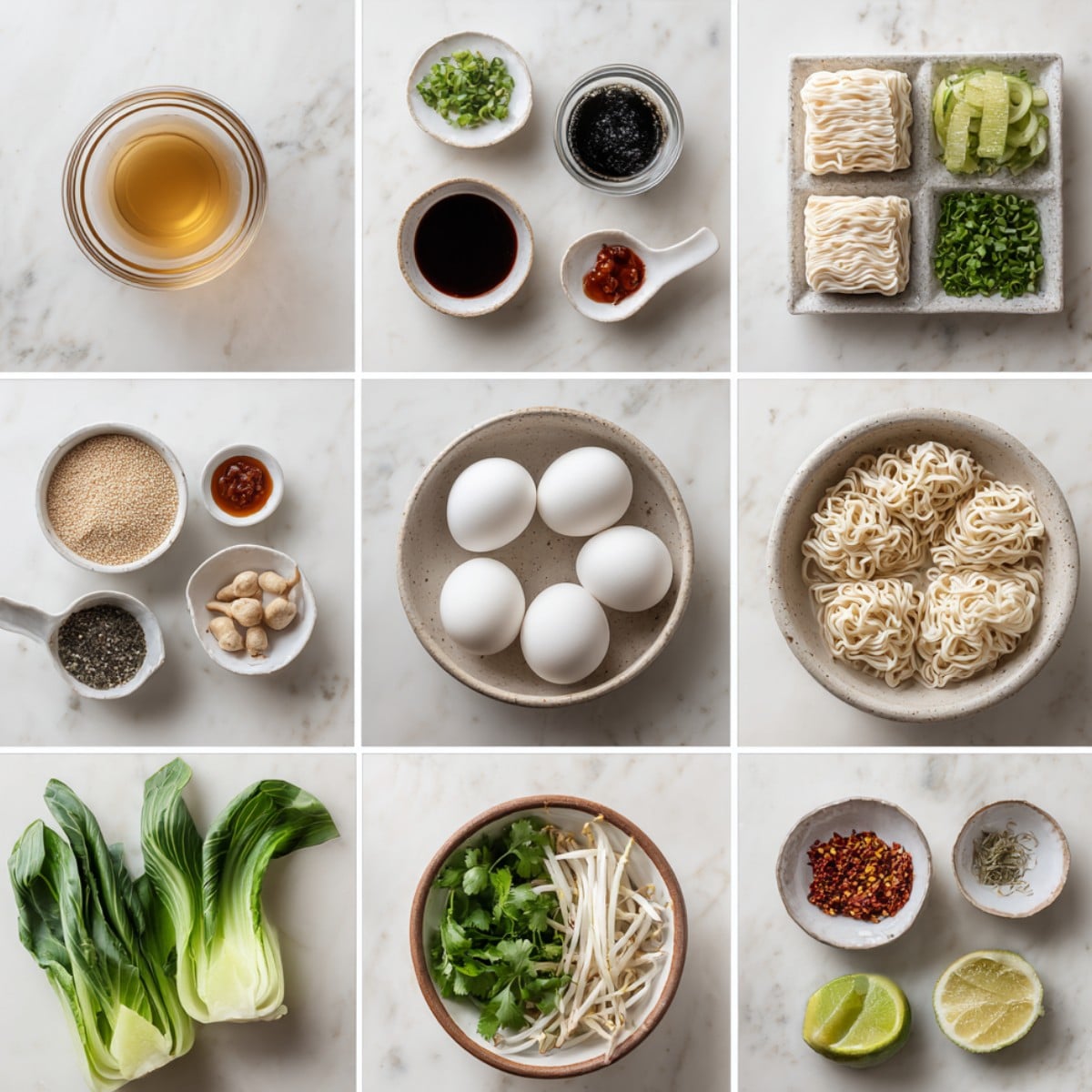 Dumpling Ramen Bowl ingredients on a white marble counter with ramen noodles, frozen dumplings, broth, eggs, bok choy, scallions, sesame, and chili oil.