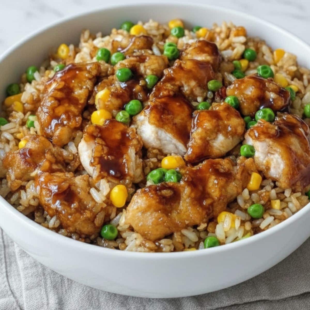 Bang Bang Chicken Fried Rice served in a shallow white bowl, topped with crispy golden chicken strips drizzled in glossy red bang bang sauce, garnished with chopped green onions and fresh parsley over a colorful mix of fried rice, peas, carrots, and corn.