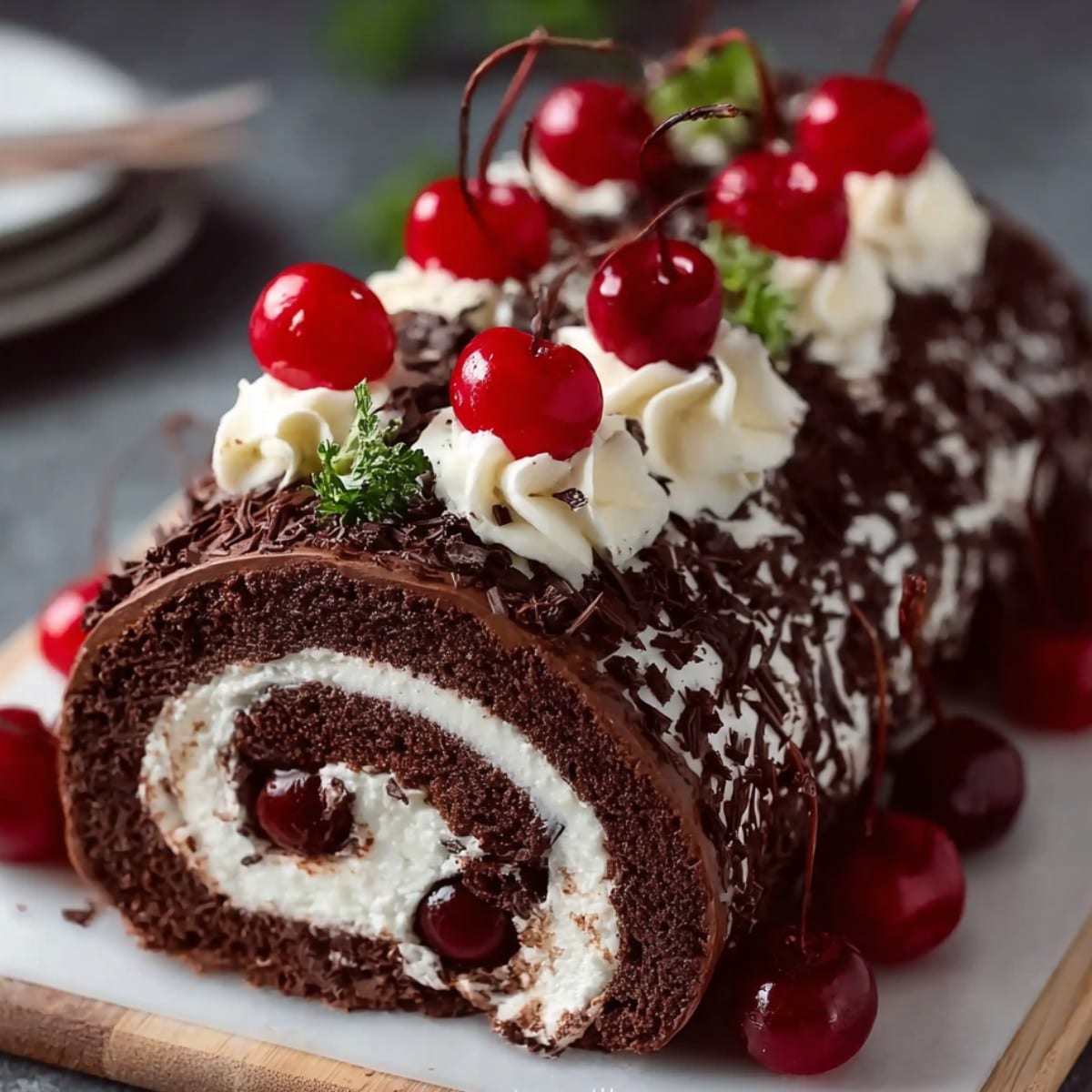Elegant Black Forest cake roll topped with whipped cream rosettes, chocolate shavings, and bright cherries, sliced to show a chocolate sponge swirl with cherry-studded cream filling.