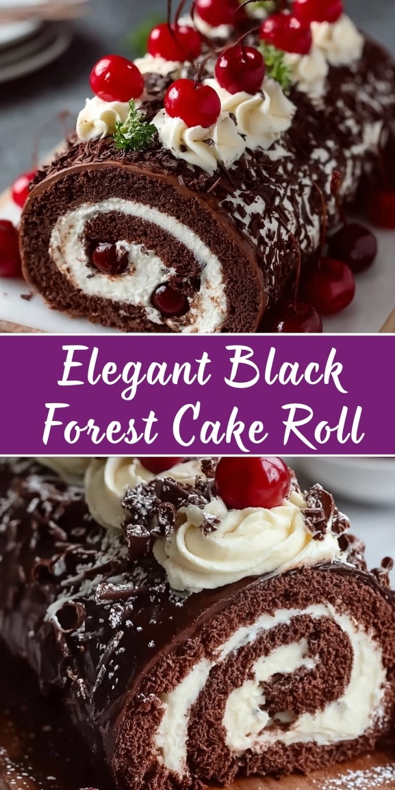 Elegant black forest cake roll topped with whipped cream rosettes, maraschino cherries, and chocolate shavings.