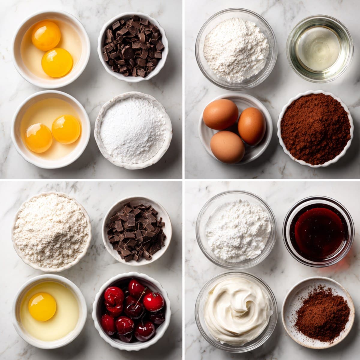 Black forest cake roll ingredients on a white marble counter in a 4-panel grid.