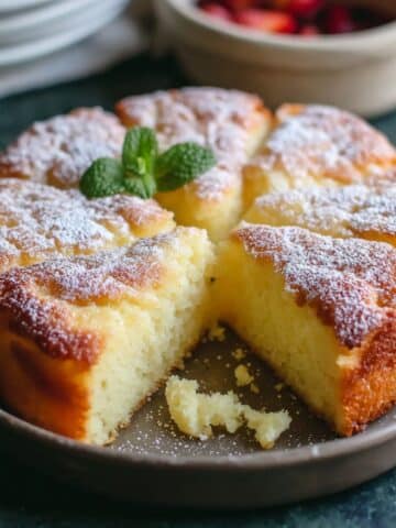 French butter cake (Gâteau Breton) dusted with powdered sugar, sliced to show a rich buttery crumb, topped with fresh mint and served on a plate.