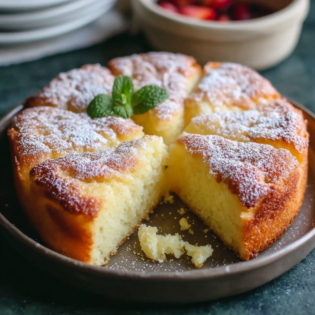 French butter cake (Gâteau Breton) dusted with powdered sugar, sliced to show a rich buttery crumb, topped with fresh mint and served on a plate.
