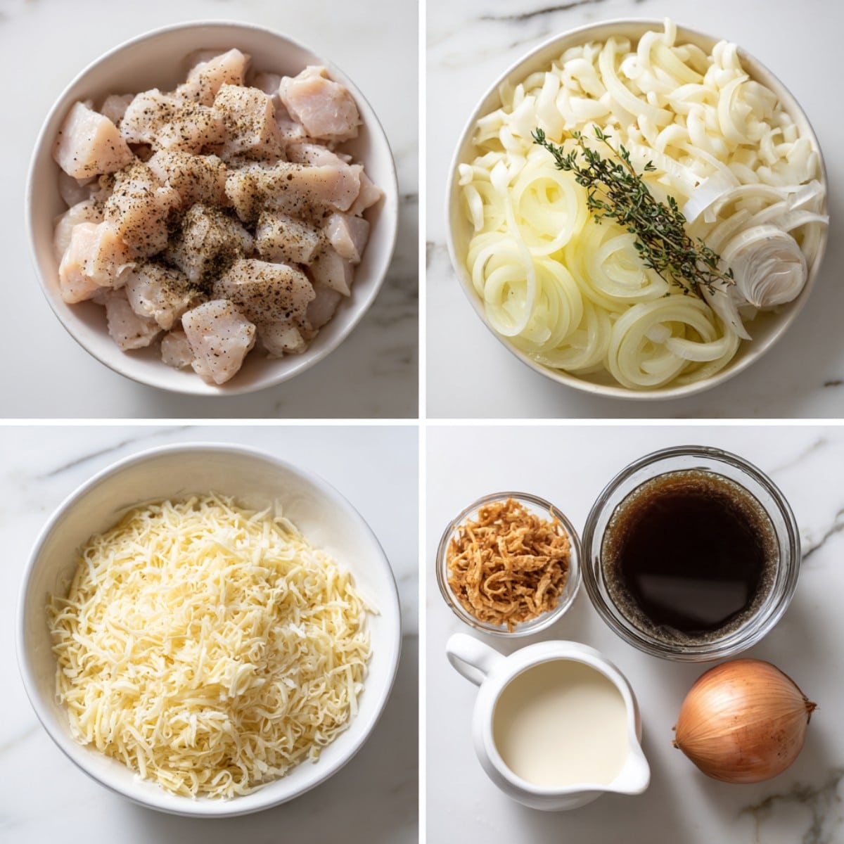 Ingredients for French onion chicken orzo casserole arranged in bowls and glasses in a 4-panel flat lay on a white marble kitchen counter.