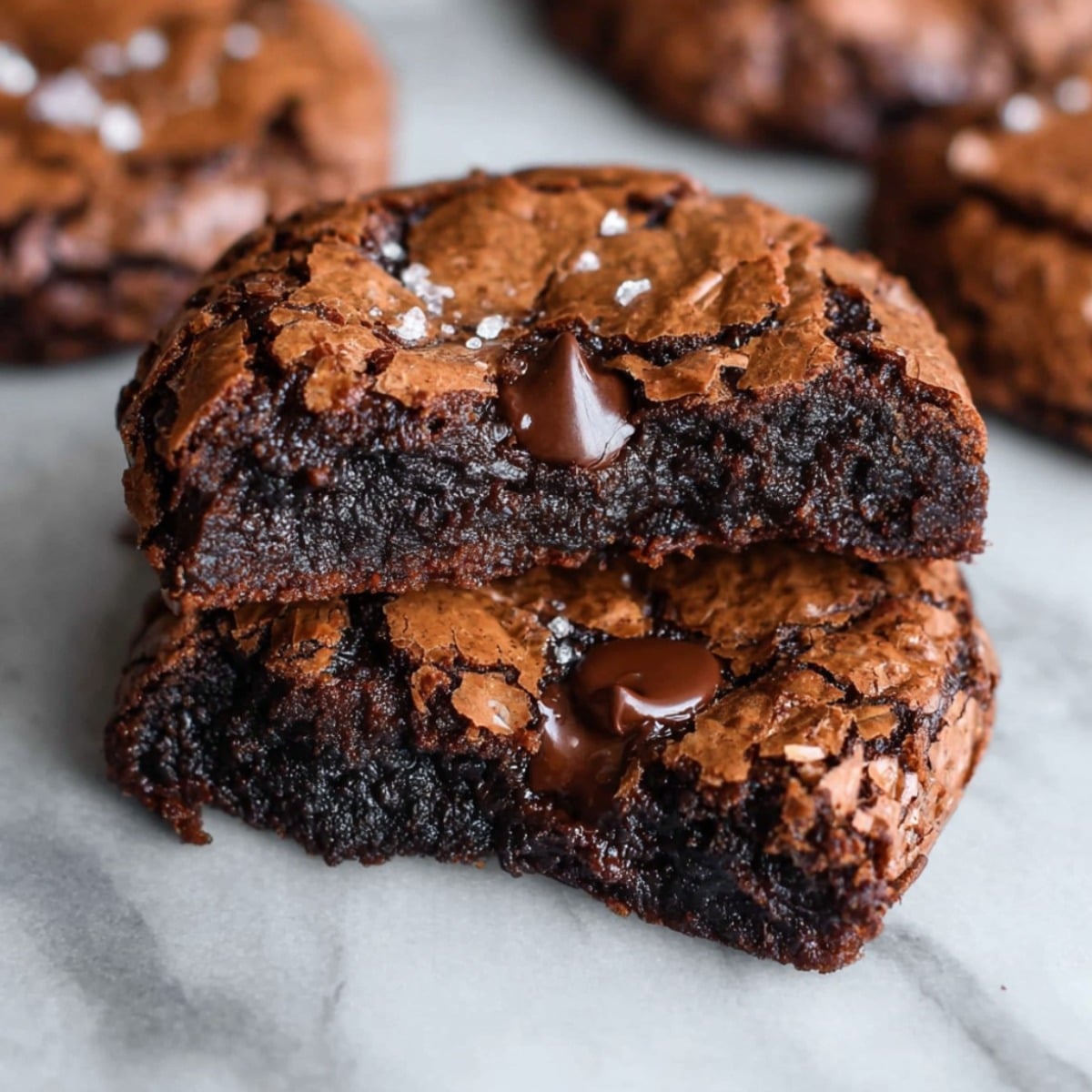 Fudgy chewy brookies stacked on a white marble counter, showing crackly brownie-like tops, gooey chocolate chips, and a dense fudgy center with flaky sea salt.