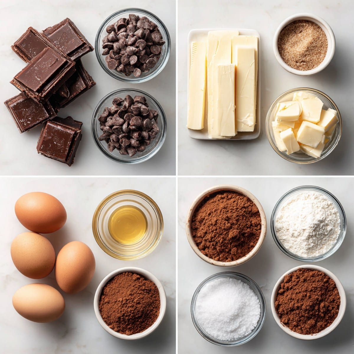 Fudgy chewy brookies ingredients on a white marble counter: chocolate, butter, sugars, eggs, flour, cocoa, and chocolate chips.