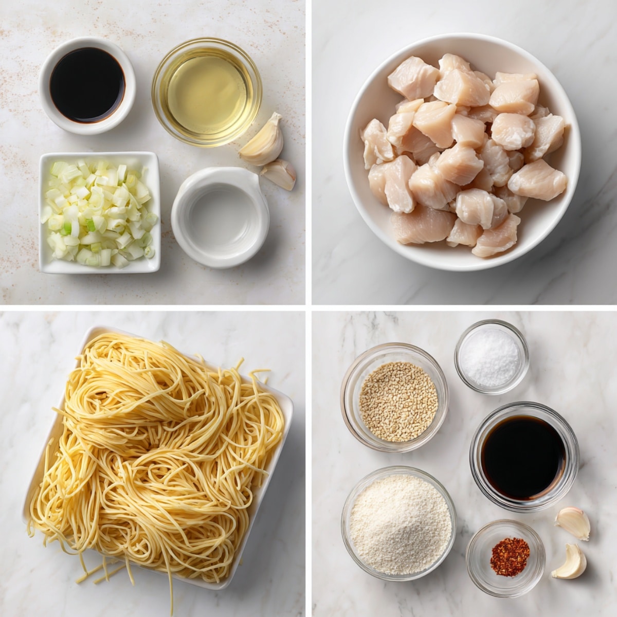 Garlic chicken noodles ingredients arranged on a white marble counter in a clean grid flat lay.