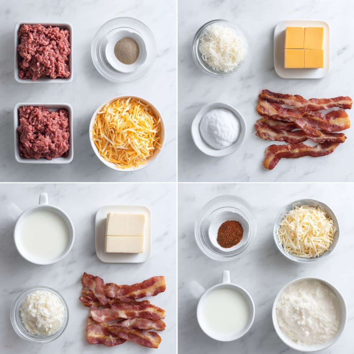 Garlic parmesan bacon cheeseburger casserole ingredients on a white marble counter, including ground beef, bacon, cheeses, garlic, flour, milk, and seasonings.