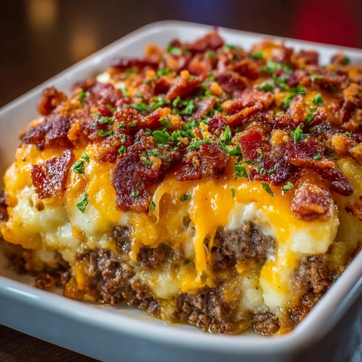 Garlic parmesan bacon cheeseburger casserole slice with melted cheddar, creamy layers, and crispy bacon topping in a white baking dish.