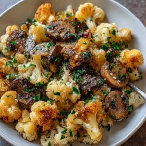 Roasted garlic cauliflower and sautéed mushrooms topped with fresh parsley in a bowl.