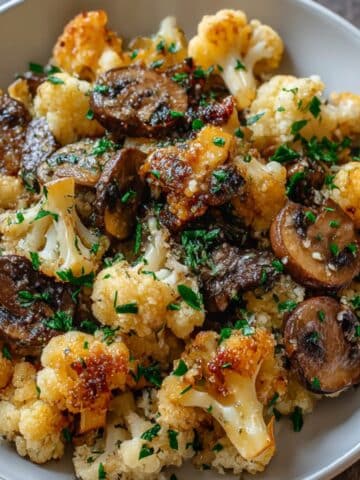 Roasted garlic cauliflower and sautéed mushrooms topped with fresh parsley in a bowl.