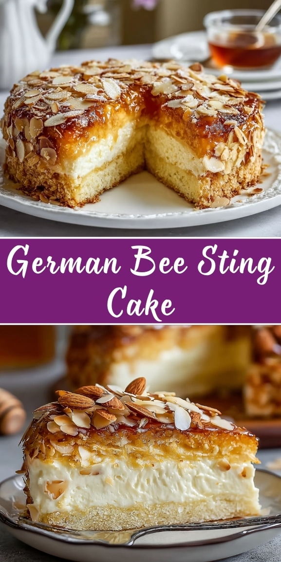 German Bee Sting Cake pin showing a custard-filled almond honey cake with a slice cut out, plus a close-up slice topped with caramelized almonds.