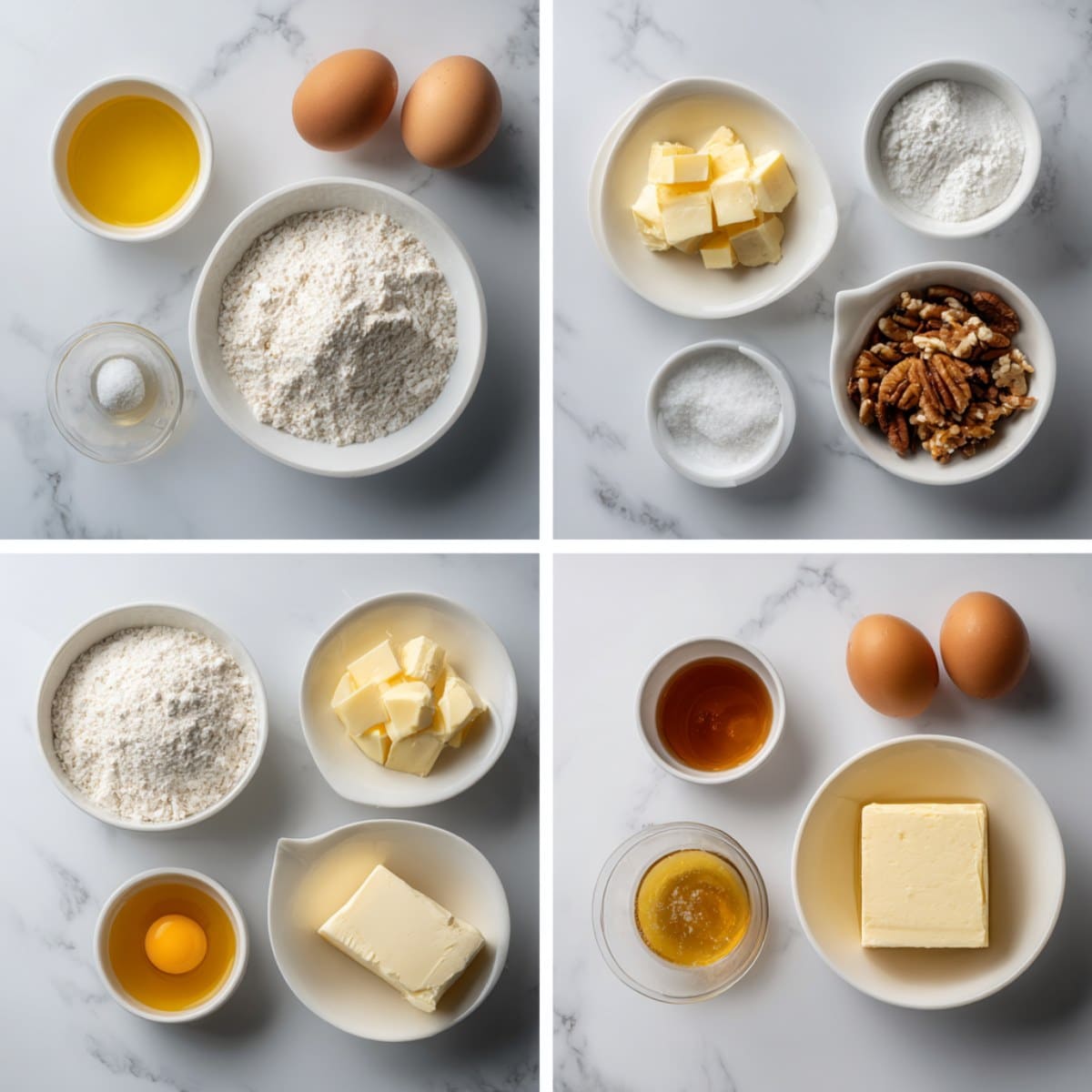 German Bee Sting Cake ingredients on a white marble counter (yeast dough, honey almonds, and vanilla custard).