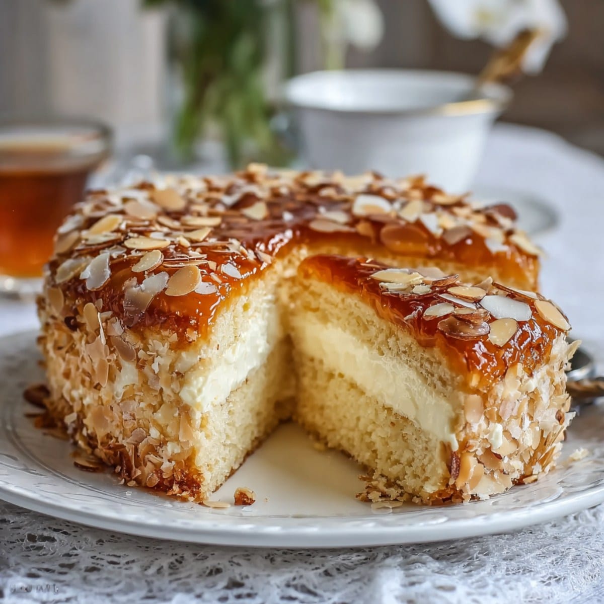 German Bee Sting Cake (Bienenstich) with a slice removed, showing creamy vanilla custard filling and a glossy honey-almond topping on a white plate.