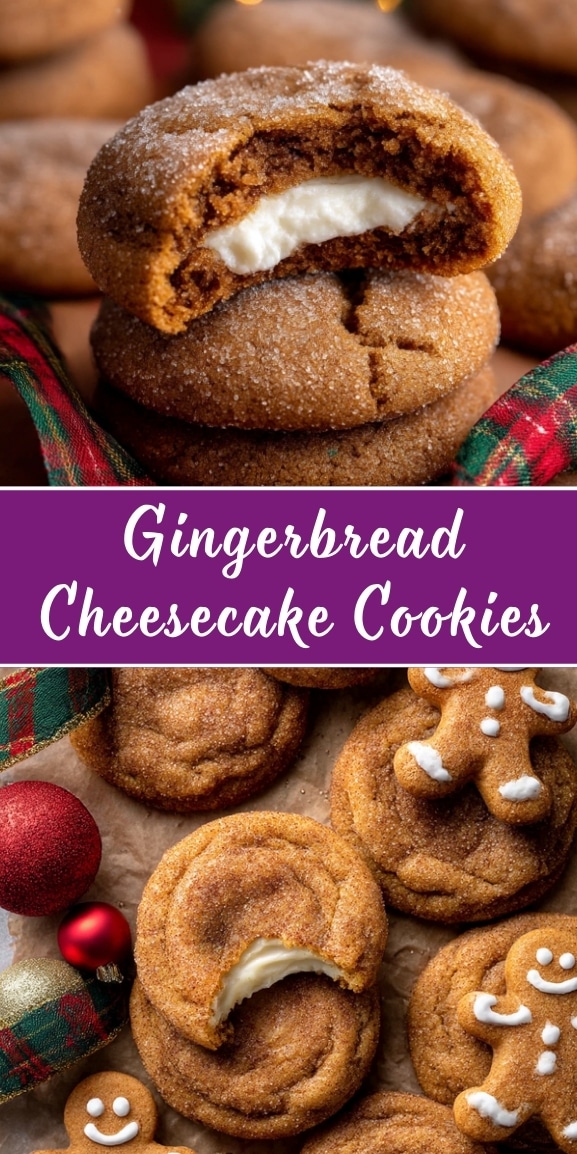 Festive gingerbread cheesecake cookies with creamy white filling, styled for the holidays with cozy sugar-dusted tops, red and gold ornaments, and mini decorated gingerbread men, shown in close-up stacks and flat lay for holiday baking inspiration.