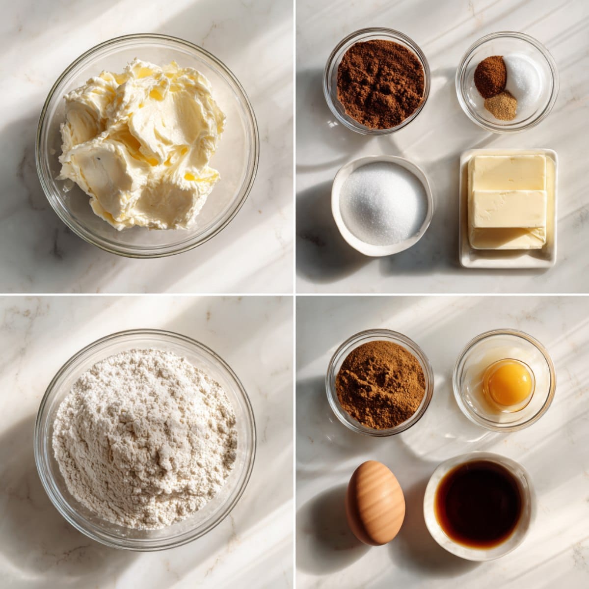 Gingerbread cheesecake cookies ingredients arranged in a 4-grid flat lay on a white marble counter.
