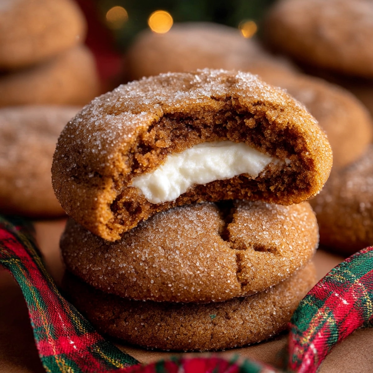 Stacked gingerbread cheesecake cookies filled with creamy cheesecake, with a bite taken out of the top cookie, resting beside festive ribbon on a parchment-lined surface.