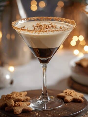 Gingerbread espresso martini with a cookie-crumb rim and cinnamon-dusted foam in a martini glass.