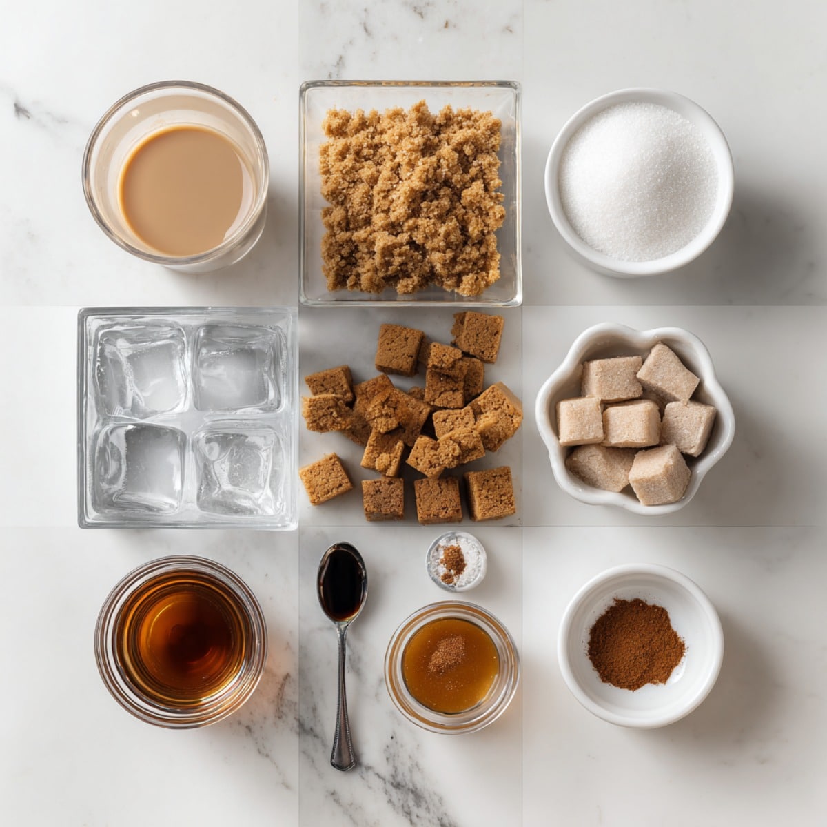 Gingerbread espresso martini ingredients arranged in a 4-grid flat lay on a white marble counter.