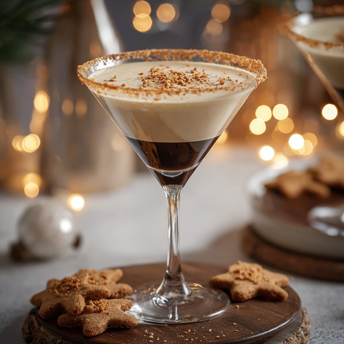 Gingerbread espresso martini with a cookie-crumb rim and cinnamon-dusted foam in a martini glass.