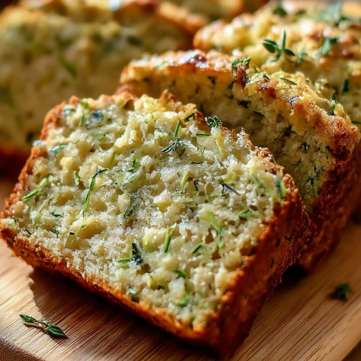 Close-up of gluten free zucchini bread slices with a moist texture, lightly crisp edges, and visible shredded zucchini