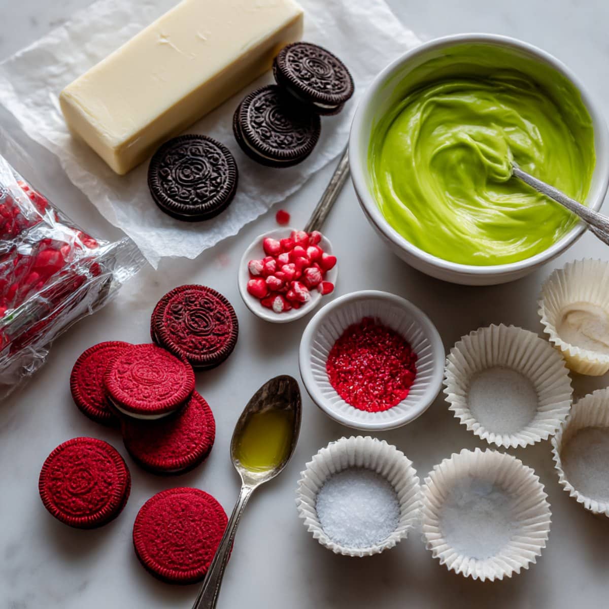 Grinch Oreo truffles ingredients including red velvet Oreos, cream cheese, green candy melts, and red heart sprinkles on a white kitchen counter.
