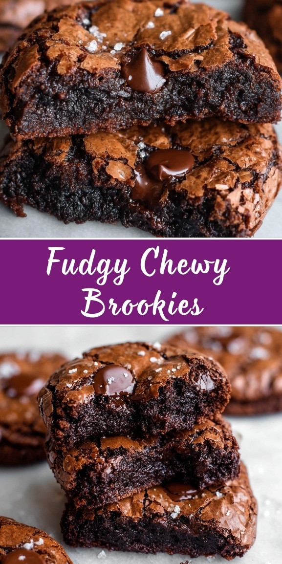 Fudgy Chewy Brookies pin featuring crackly, gooey chocolate brookie cookies stacked with melted chocolate chips and flaky sea salt.
