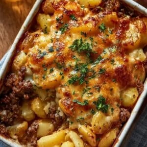Homemade hamburger and potato casserole topped with golden melted cheese and fresh parsley.