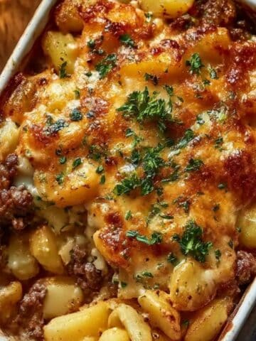 Homemade hamburger and potato casserole topped with golden melted cheese and fresh parsley.