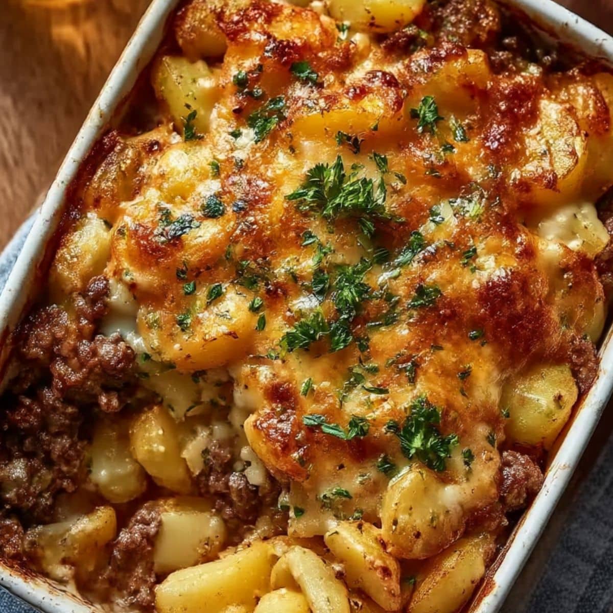 Homemade hamburger and potato casserole topped with golden melted cheese and fresh parsley.