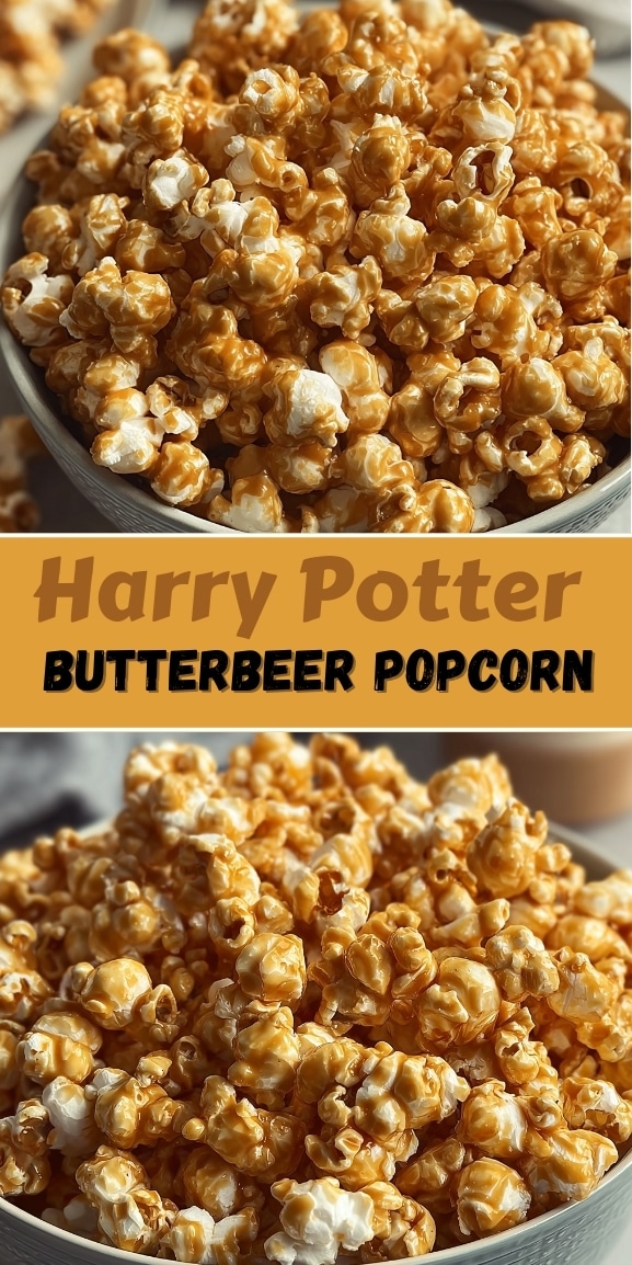 Harry Potter butterbeer popcorn coated in sweet caramel with a rich golden glaze