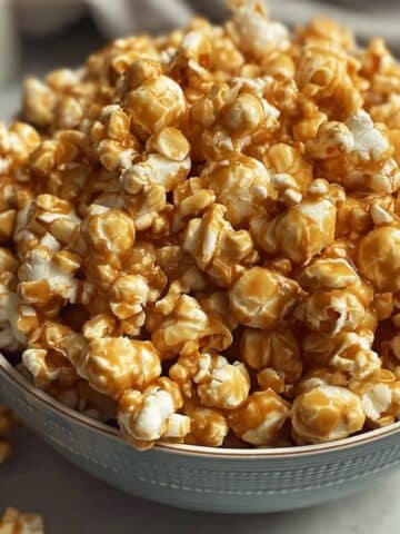 Harry Potter butterbeer popcorn coated in sweet caramel sauce and served in a bowl