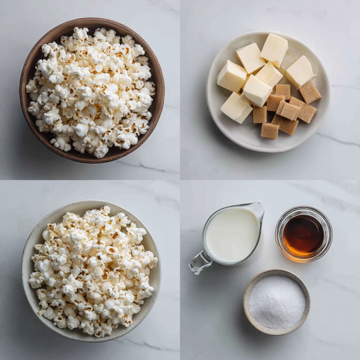 Ingredients for Harry Potter butterbeer popcorn arranged in a 4-panel flat lay on a white marble kitchen counter.