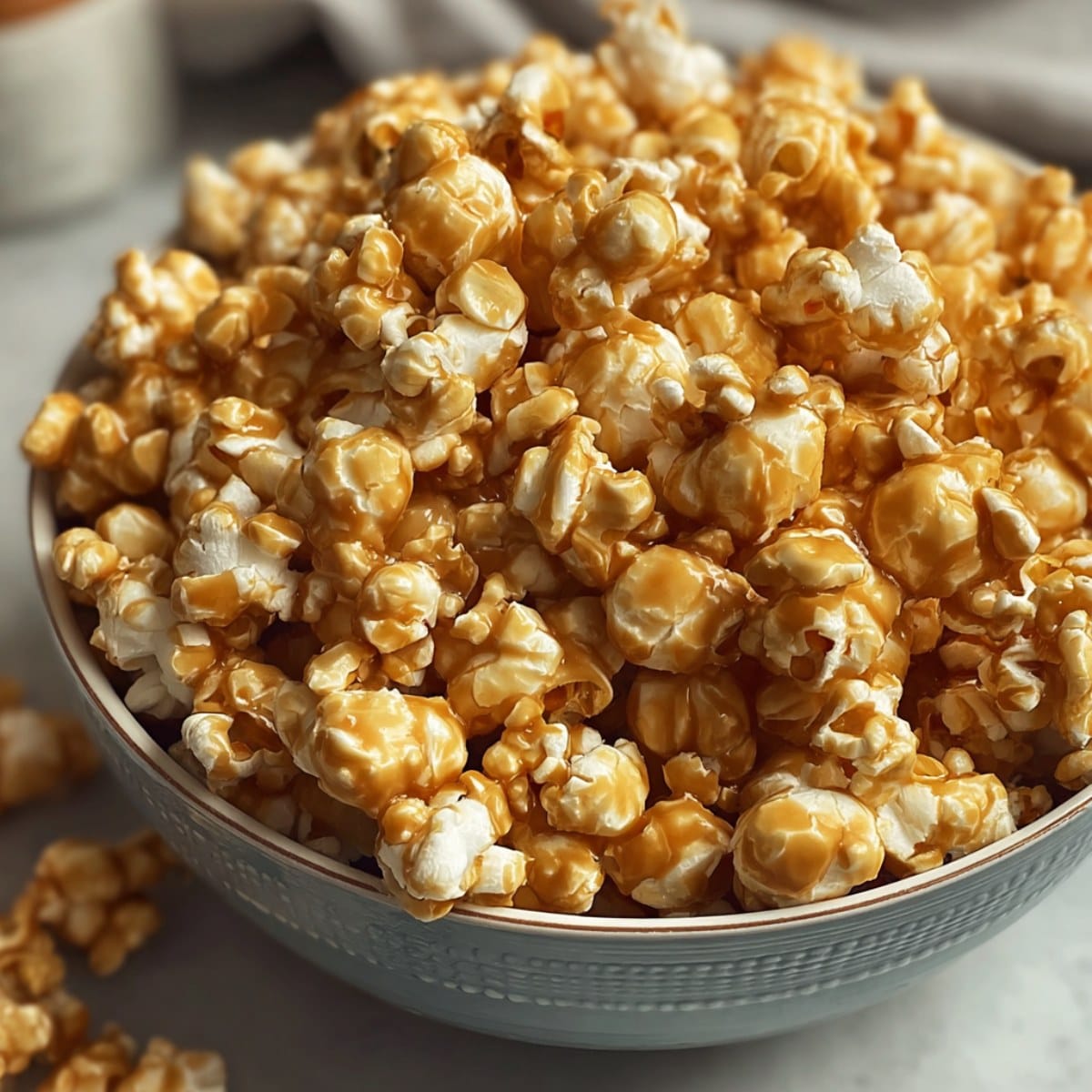 Harry Potter butterbeer popcorn coated in sweet caramel sauce and served in a bowl